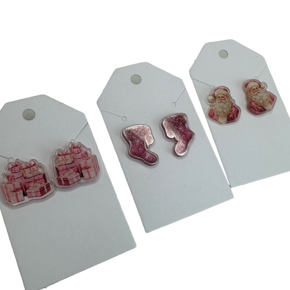 Set of 3 Pink NEW Christmas Holiday Stud Acrylic Handmade Earrings - Picture 6 of 8